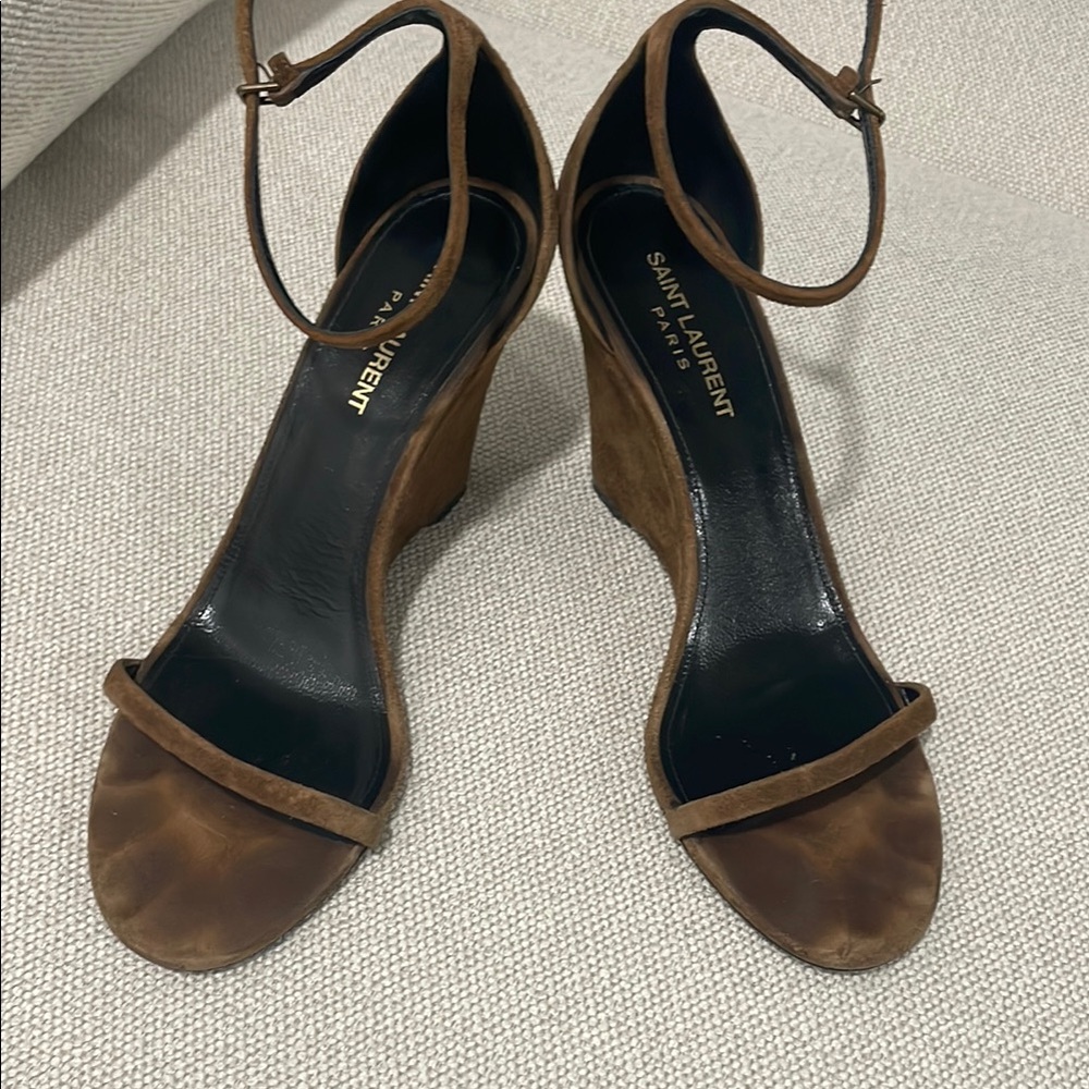 Saint Laurent Brown Suede Wedge Sandals